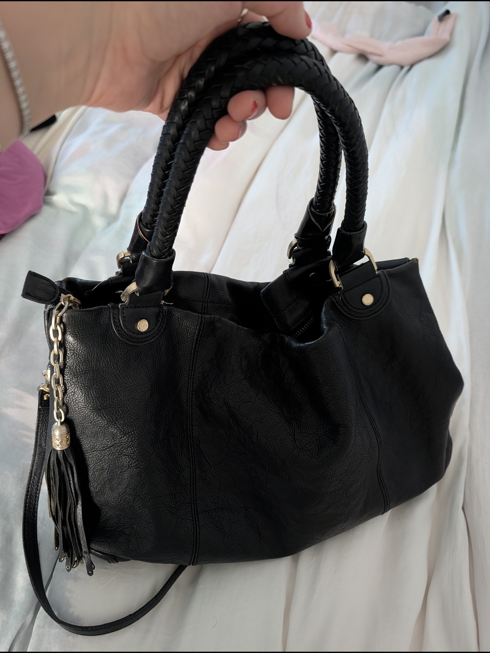 Black Leather Tassel Satchel Handbag - Cole haan